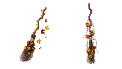 Two Halloween witch's brooms decorated with autumn leaves add playful Halloween flair to these spooky accessories. The brooms have sticks and bristles with colorful leaves.

