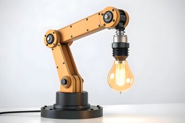 Robotic arm holding a glowing light bulb industrial robot automation