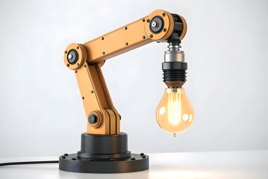 Robotic arm holding a glowing light bulb industrial robot automation