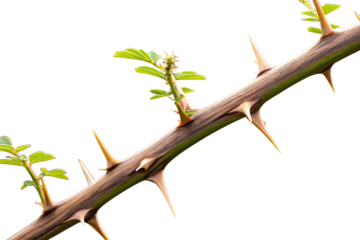 A detailed macro shot of a thorny plant branch with sharp spines and fresh green leaves sprouting, symbolizing resilience and growth, isolated on a clean white background.