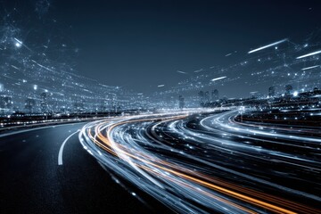 Digital transformation roadmap with key milestones highlighted through a futuristic cityscape and dynamic light trails representing progress and innovation