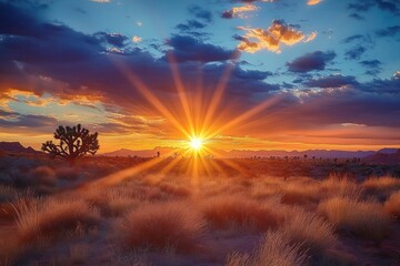 Sunset over a desert landscape with dry grass and scattered Joshua trees under a dramatic partly cloudy sky