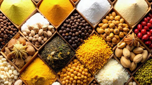 Variety of colorful spices and herbs filling wooden boxes creating a vibrant background.