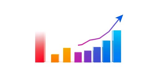 Clean white background, stylized upward trending bar graph, financial services icon,  finance,  rise