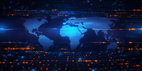 Digital representation of a world map with glowing blue continents and horizontal streaming orange and blue light streaks conveying technological connectivity