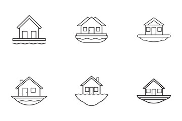 Fototapeta premium Minimalist House Icon Set Floating on Water Depicting Climate Change and Rising Sea Levels Concept