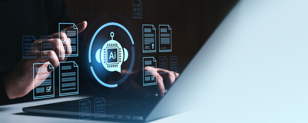 AI bot concept with smart document processing interface on futuristic digital screen over laptop in tech environment with modern holographic icons.