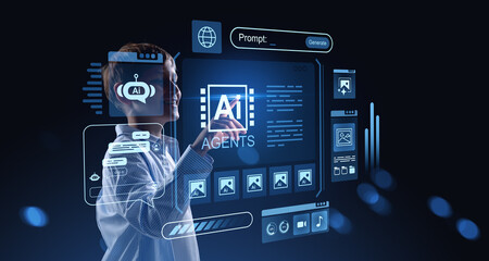 Kid using futuristic virtual interface with artificial intellige