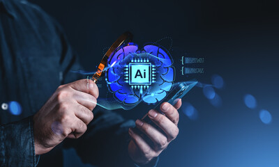 Man analyzing AI brain hologram with magnifying glass and smartphone screen.
