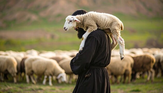 A shepherd carries a lamb on his shoulders.