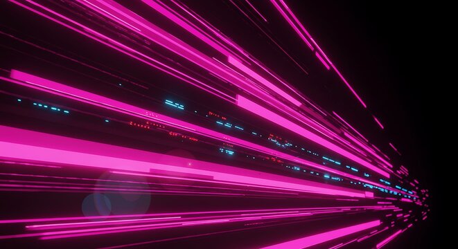 Abstract image featuring bright pink light trails converging towards a vanishing point in a dark space, with scattered blue and red digital elements.