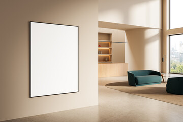 Blank poster mockup in modern interior with large windows, minimal furniture, and natural light for clean presentation concept wall design layout. 3D Rendering