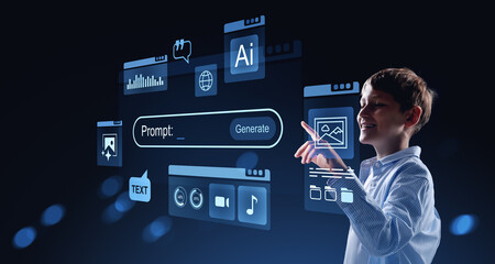 Smiling boy using futuristic digital interface with floating ico