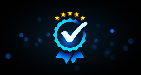 Blue checkmark badge with five golden stars symbolizing quality assurance and certification concept on dark glowing background. 3D Rendering © ImageFlow