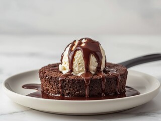 Delicious chocolate brownie with vanilla ice cream and chocolate sauce, perfect treat.