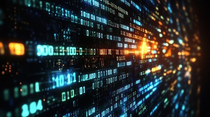 Abstract digital data streams with glowing binary code and numbers in blue and orange hues creating a futuristic and dynamic technological atmosphere