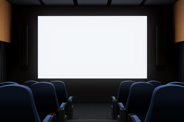 Fototapeta premium Empty movie theater interior with blank projection screen and blue seats for design presentation or mockup template display in clean layout setup. 3D Rendering