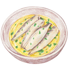 Sapanish Boquerones en Vinager, Anchovies in vinegar, Marinated Anchovies, Spanish tapas appetizer watercolor painting and color pencil drawing style