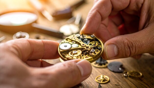 Watchmaker Assembling a Mechanical Watch Movement on Wooden Workbench
