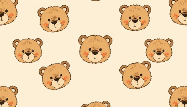 Fototapeta Adorable hand-drawn brown teddy bear face seamless repeat pattern on pastel beige background,  texture,  art