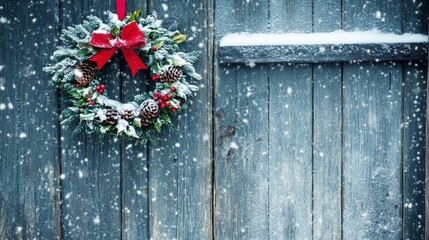 Festive winter wreath with red bow on rustic wooden door snowfall backdrop