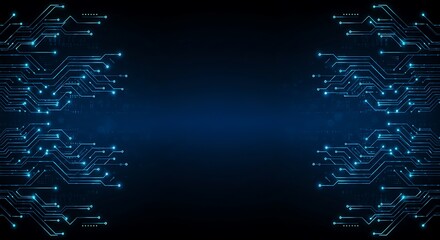 Abstract digital circuit board design, with glowing blue lines and points.