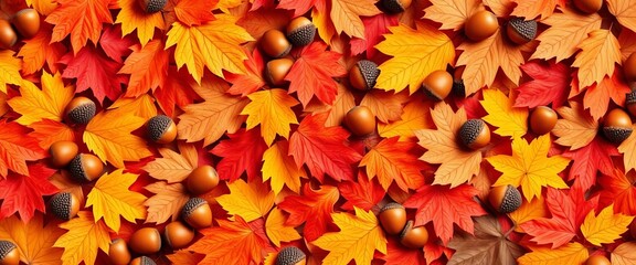 Autumn leaves and acorns seamless pattern in warm tones,  texture,  brown