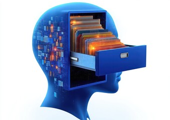 Blue human head silhouette with an open filing cabinet drawer containing glowing files inside the brain area representing memory storage and data organization