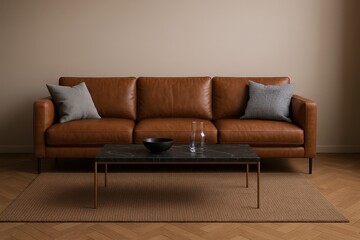 Fototapeta premium Luxurious Tan Leather Sofa with Modern Coffee Table and Decorative Pillows in a Chic Living Room Setting