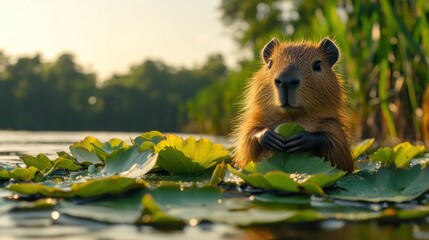 Close-up of capybara in water lilies