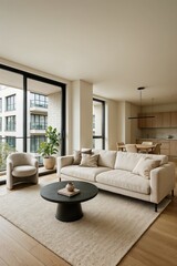 Fototapeta premium Urban loft living space with industrial windows, neutral furniture, and city backdrop