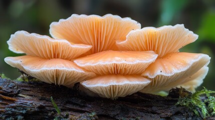 Cluster of delicate, peach-colored mushrooms on log