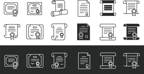 A diverse set of certificate icons, from diplomas and awards to legal documents, representing achievement, education, and official recognition, vector illustration.