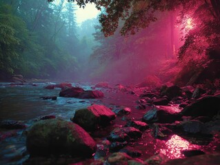 Misty forest stream, vibrant hues