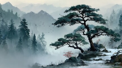 Misty mountain landscape with pine trees