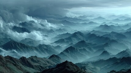 Misty mountain range, dramatic clouds