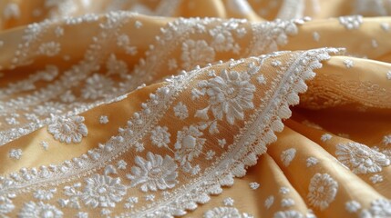 Ornate, light beige fabric with delicate white floral lace trim