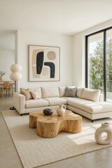 Obraz premium Contemporary living area with modern art, neutral sectional sofa, and large picture windows
