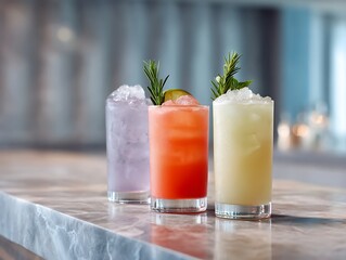 Bright drinks with fresh garnishes sitting across polished stone bar surface