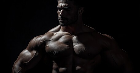 Muscular man with defined chest and arm muscles posing in dramatic low lighting showing strength and focus