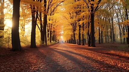 Twilight light over an autumn forest road, golden leaves illuminated under the last sunlight, cool shadows on the ground