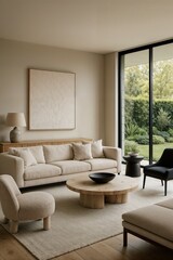 Fototapeta premium Clean contemporary lounge with white sofa, black accent chair, and panoramic garden view