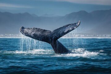 Humpback whale raises its powerful tail in ocean waters near rugged coastline during calm morning hours in a breathtaking display of nature's majesty