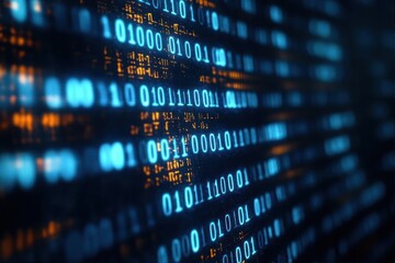Close-up of glowing blue and orange binary code digits on a digital screen representing data and computer programming
