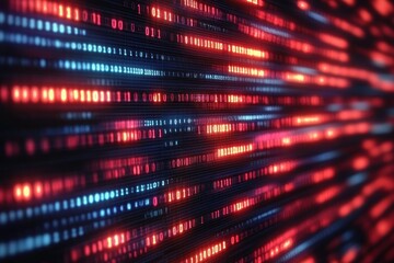 Close-up view of a digital screen displaying alternating rows of glowing red and blue binary code in a futuristic and dynamic pattern