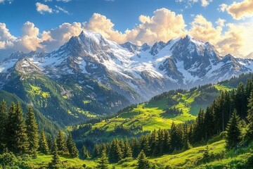 Obraz premium Sunlit green alpine valley with dense forest and snow-capped mountain range under partly cloudy sky at golden hour