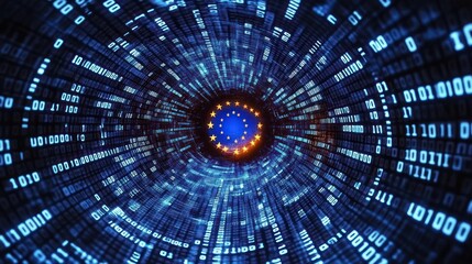 Tunnel of glowing binary code digits surrounding a circular cluster of yellow stars on a blue background, symbolizing digital data and connectivity with a futuristic atmosphere