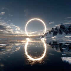 Ringed Ice Moon Reflecting on Dark Ocean