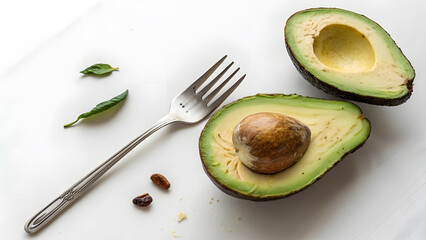 Halved Avocado with Fork on White Tabletop. Perfect for: Healthy Eating, Vegan Brunch, Summer