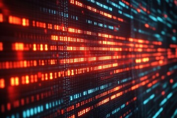 Close-up view of a digital screen filled with glowing red and blue binary code data streams creating a futuristic and high-tech atmosphere